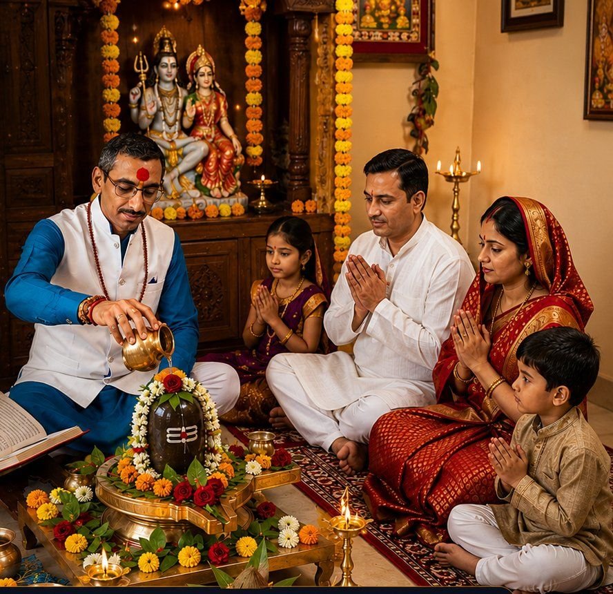 Achary Lokesh Jagirdar performing Rudrabhishek puja with a devotee family